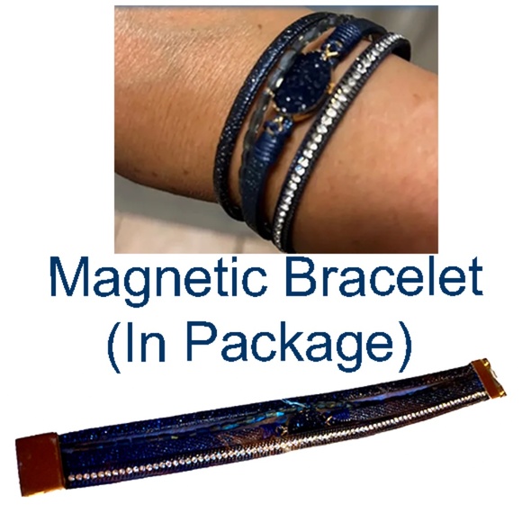 Ink Blue Multi Layer Bracelet - Crystal Studded Faux Leather Magnetic Clasp - Picture 1 of 4